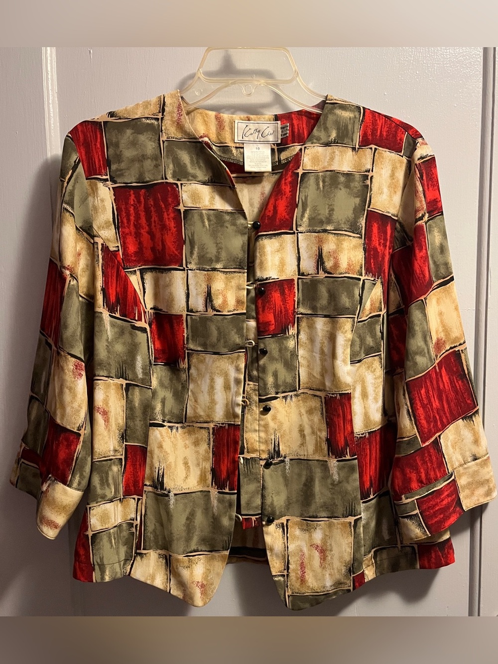 Kathy Che Abstract Geometric Blouse Size 10 Red Olive Beige